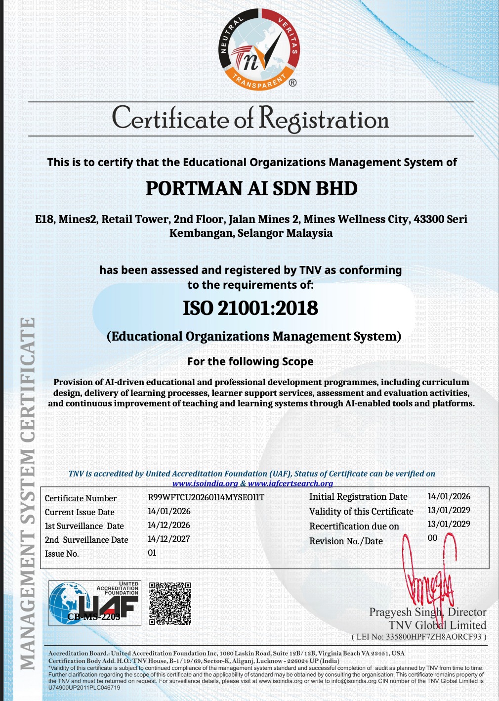 PORTMAN AI ISO 21001:2018 Certificate of Registration